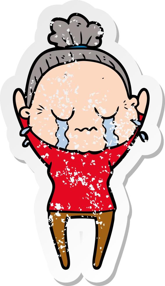 distressed sticker of a cartoon old woman crying vector