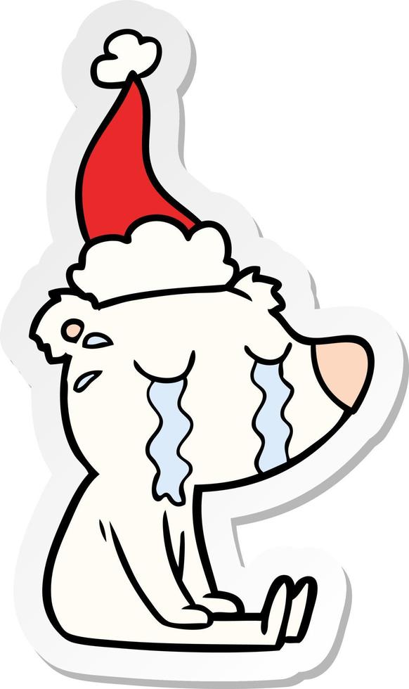 pegatina, caricatura, de, un, llanto, sentado, oso polar, llevando, santa sombrero vector