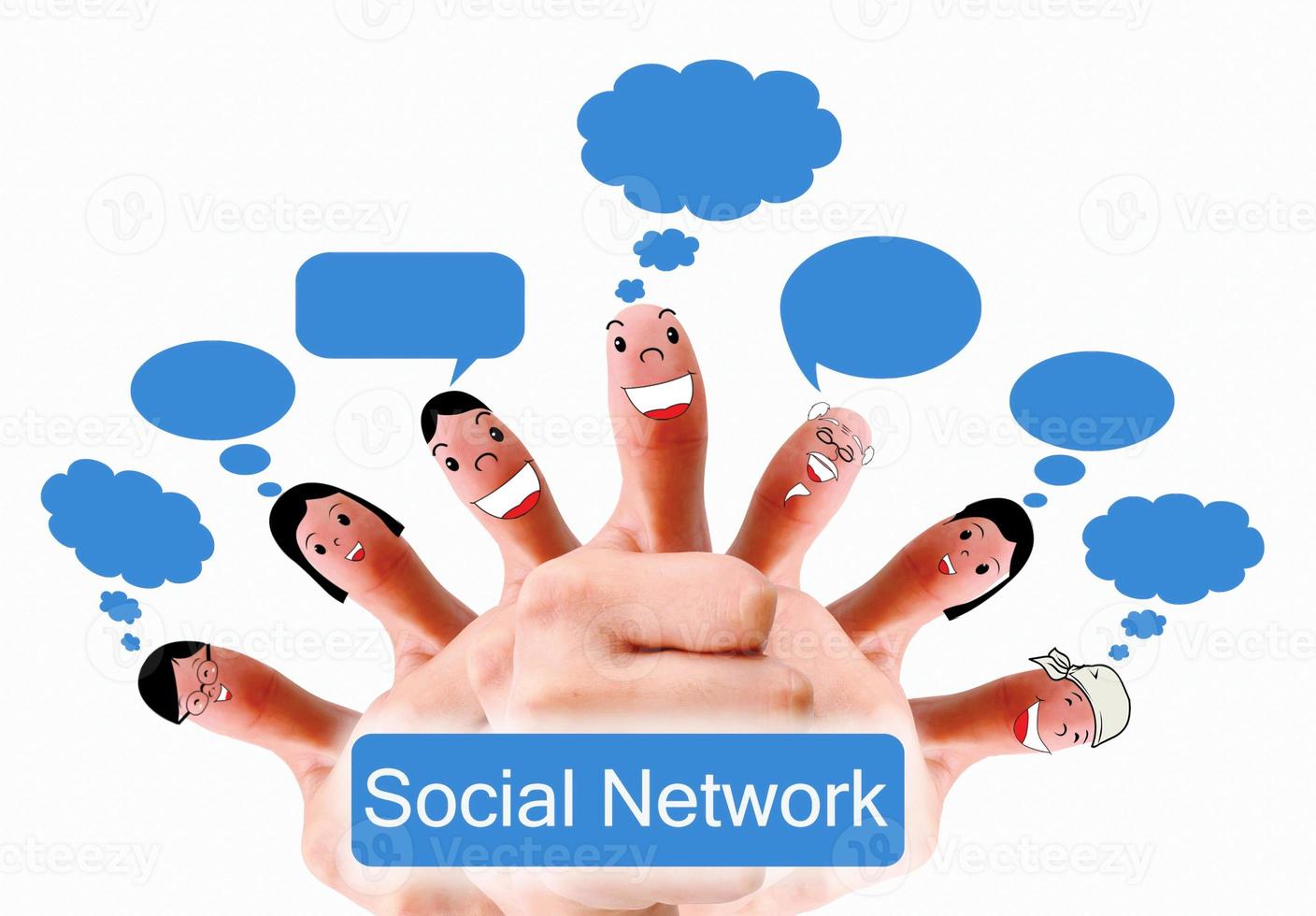 Happy group of finger faces as social network with speech photo