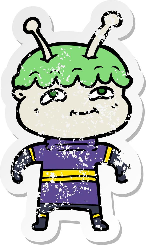 distressed sticker of a friendly cartoon spaceman vector