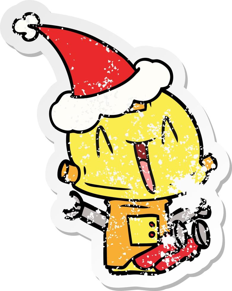 distressed sticker cartoon of a robot wearing santa hat vector