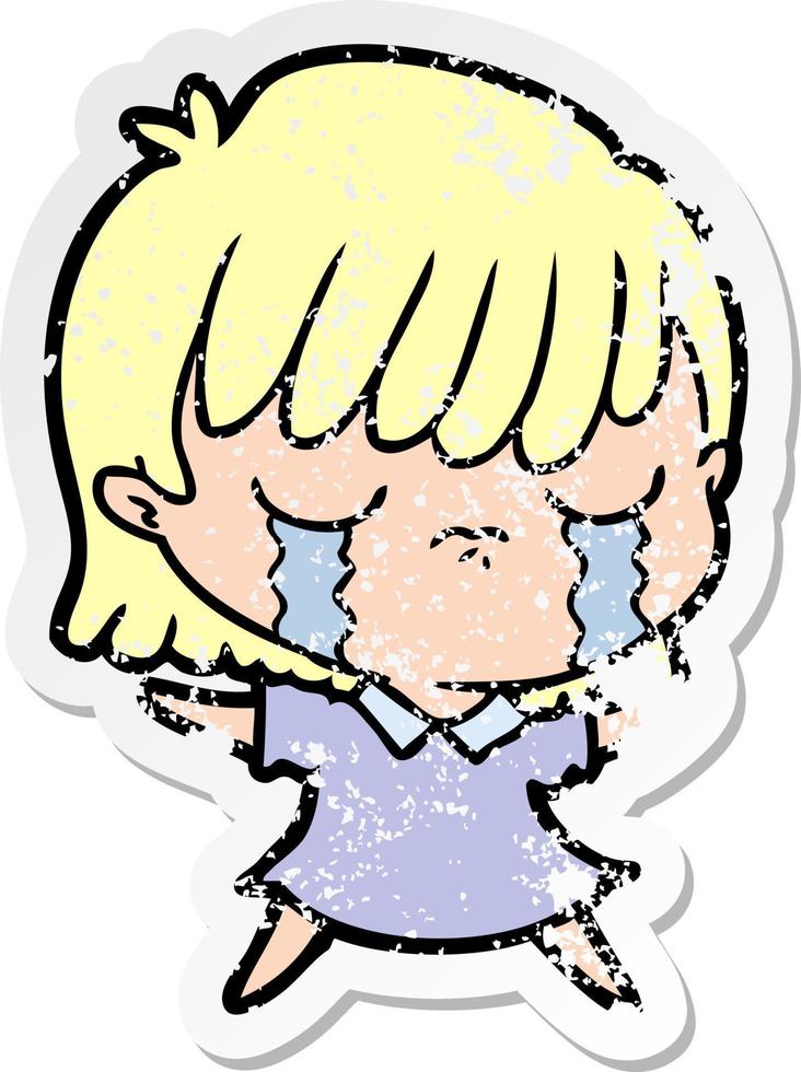 distressed sticker of a cartoon woman crying vector