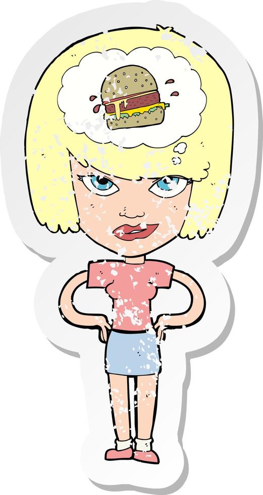 retro distressed sticker of a cartoon woman thinking about junk food vector