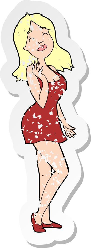 retro distressed sticker of a cartoon pretty woman in cocktail dress vector
