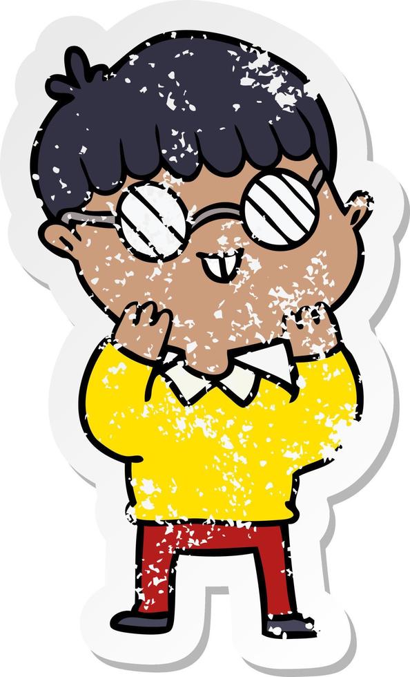 distressed sticker of a cartoon boy wearing spectacles vector