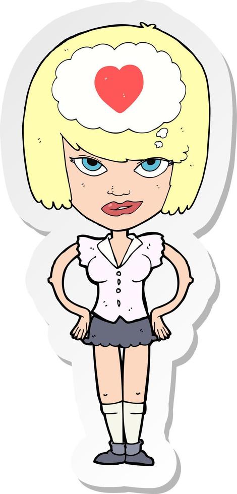sticker of a cartoon woman thining about love vector