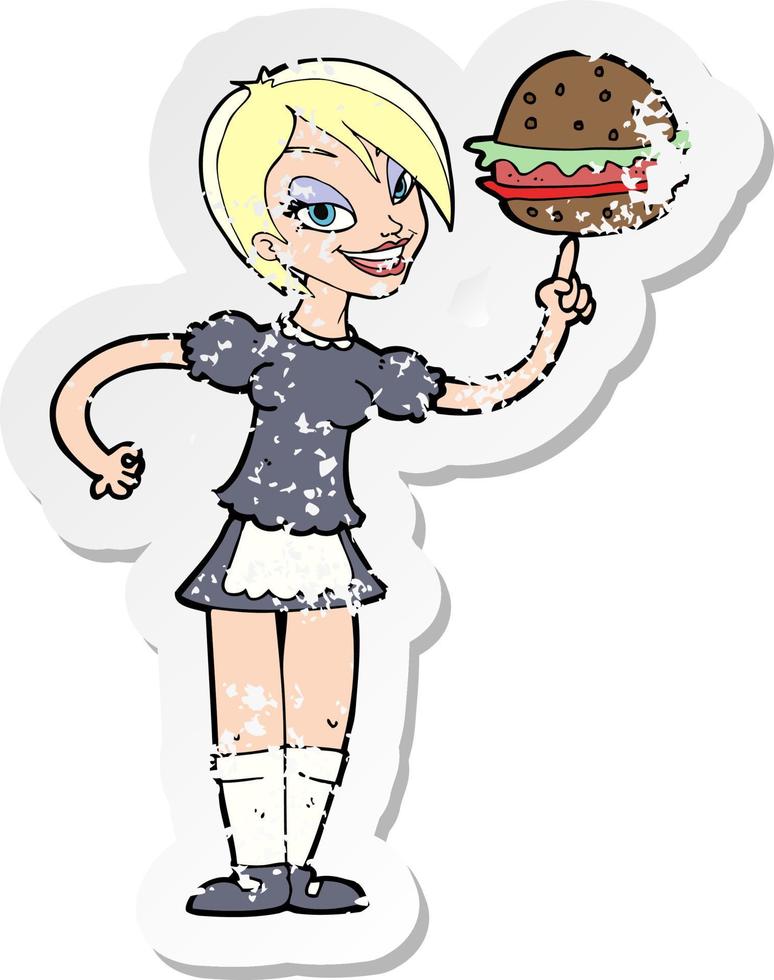 retro distressed sticker of a cartoon waitress serving a burger vector