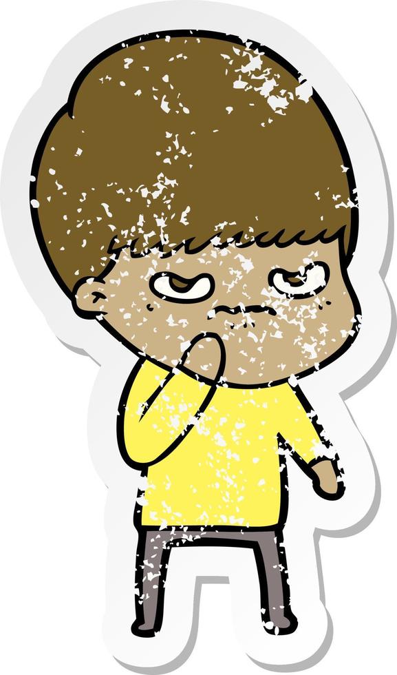 distressed sticker of a angry cartoon boy vector