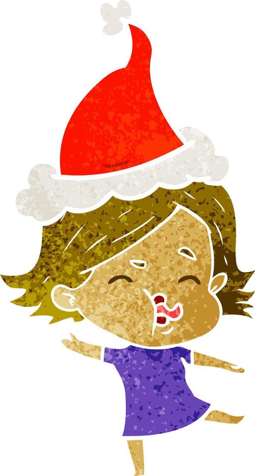 retro cartoon of a girl pulling face wearing santa hat vector