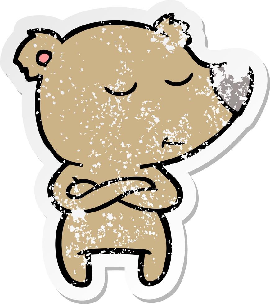 distressed sticker of a happy cartoon bear vector