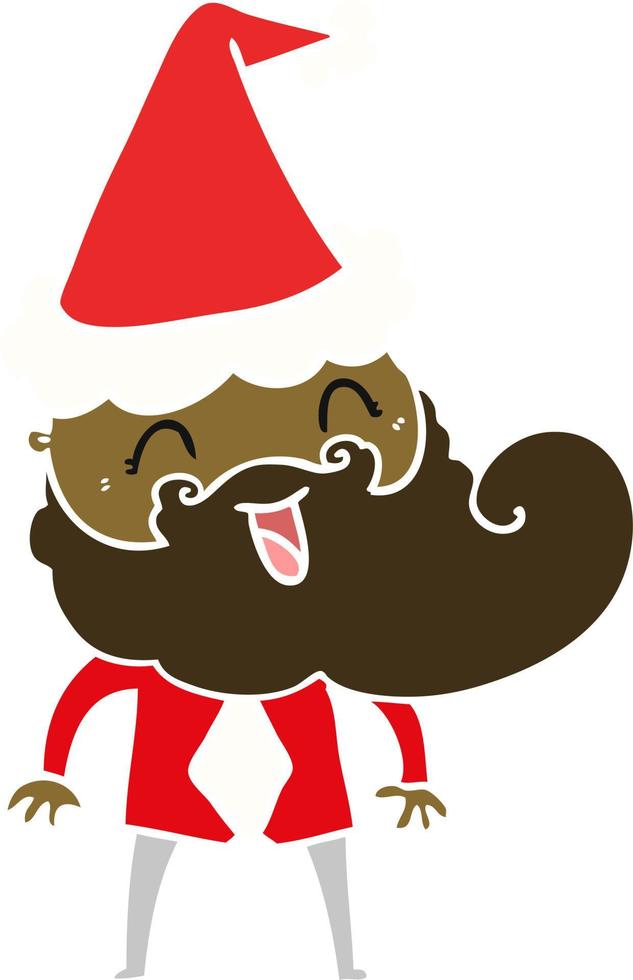 hand drawn flat color illustration of a happy bearded man wearing santa hat vector