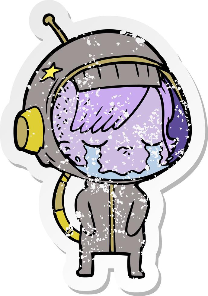 distressed sticker of a cartoon crying astronaut girl vector