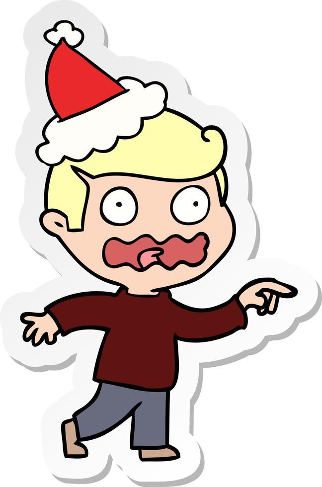 sticker cartoon of a stressed out pointing wearing santa hat vector