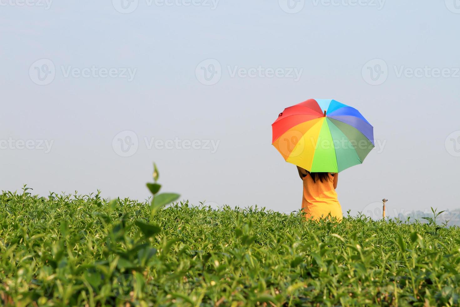 Beautiful woman holding multicolored umbrella and blue sky photo