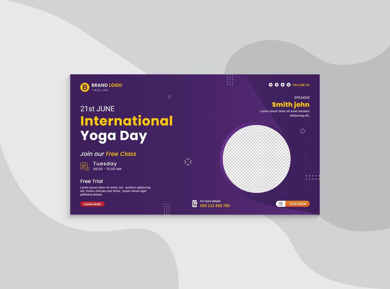 miniatura de video para el día internacional del yoga y plantilla de banner web. diseño de banner de promoción para taller de negocios. portada de video para el día de yoga. servicio de diseño de banner del día mundial del yoga pro vector. vector