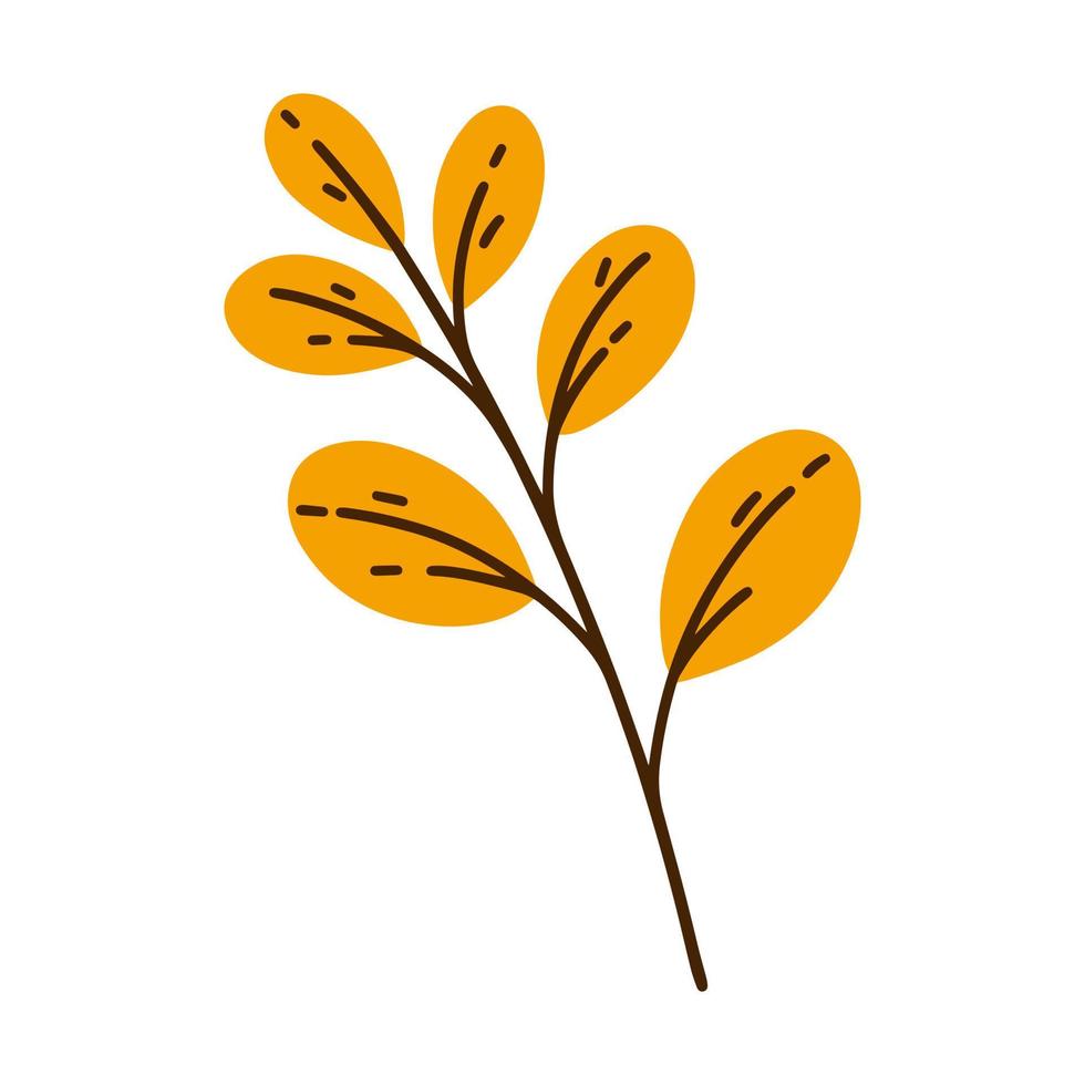 hojas de otoño amarillas en un icono de vector de rama. boceto dibujado a mano de un jardín o planta silvestre. ramita de un árbol forestal, garabato de dibujos animados. clipart plano aislado en blanco. ilustración botánica de otoño