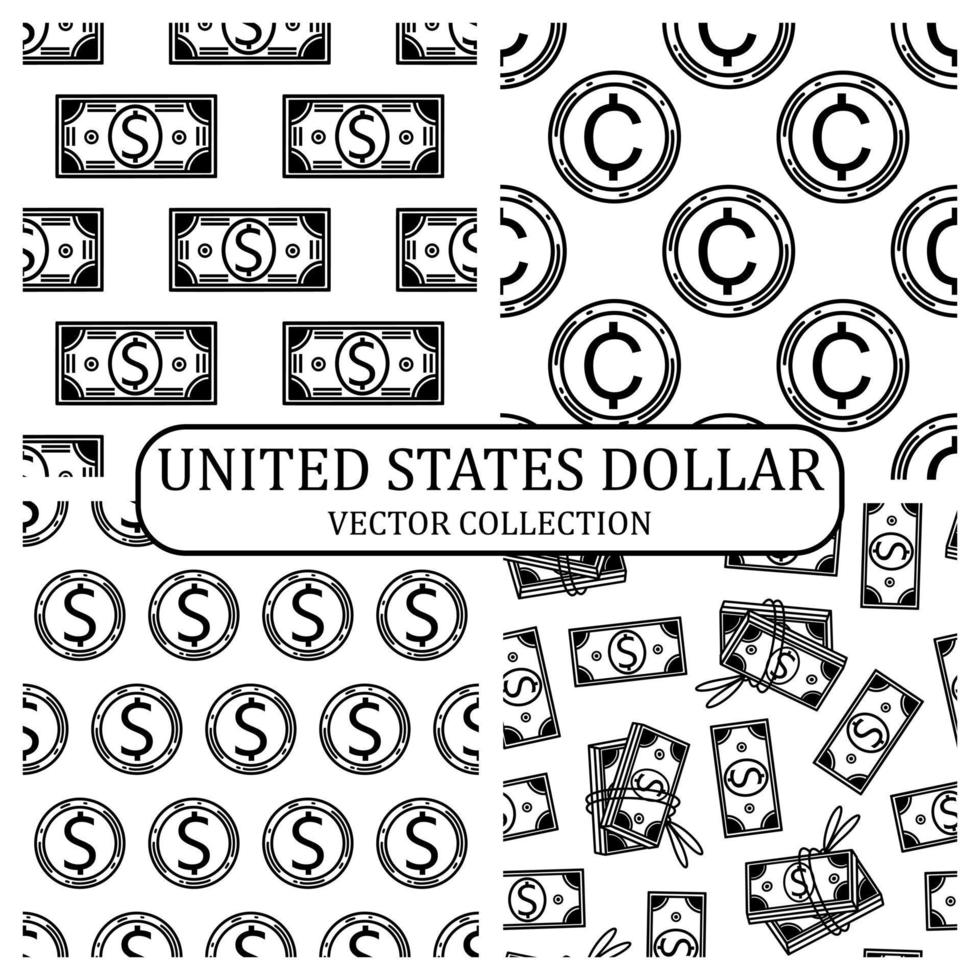 dólar de los Estados Unidos. colección de patrones vectoriales sin fisuras. monedas, centavos, billetes, billetes, billetes bancarios. esquema de dinero americano. símbolo de moneda, conjunto de fondos en blanco y negro vector