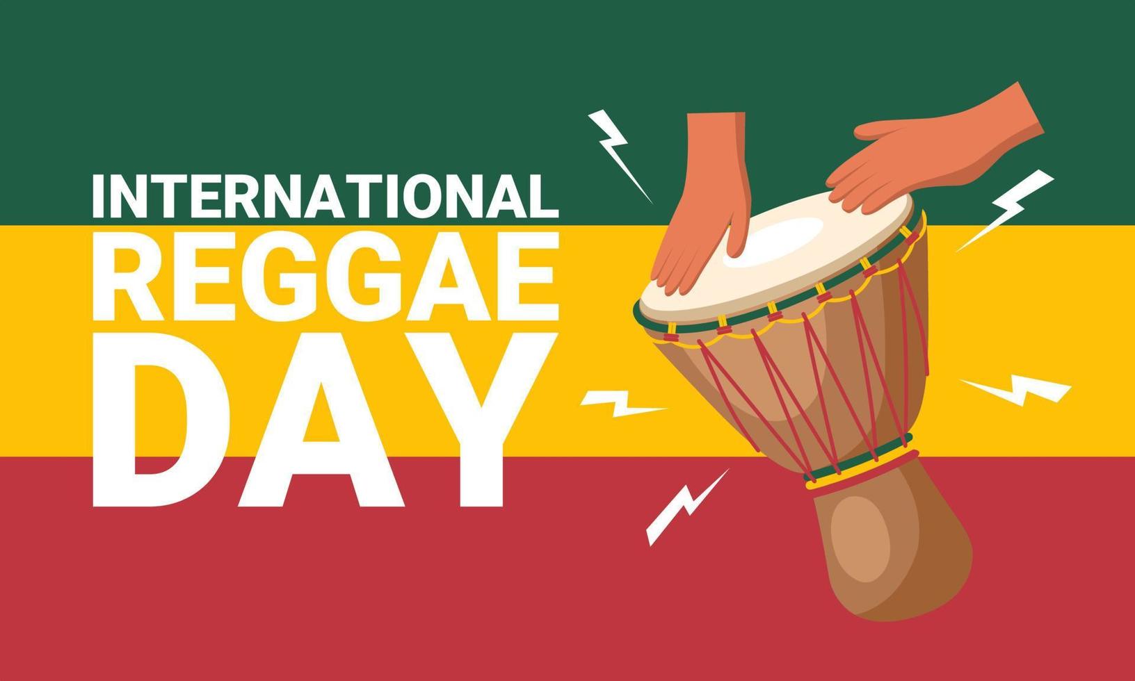 diseño de pancartas del día internacional del reggae, con ilustración de una mano tocando un tambor tradicional. vector