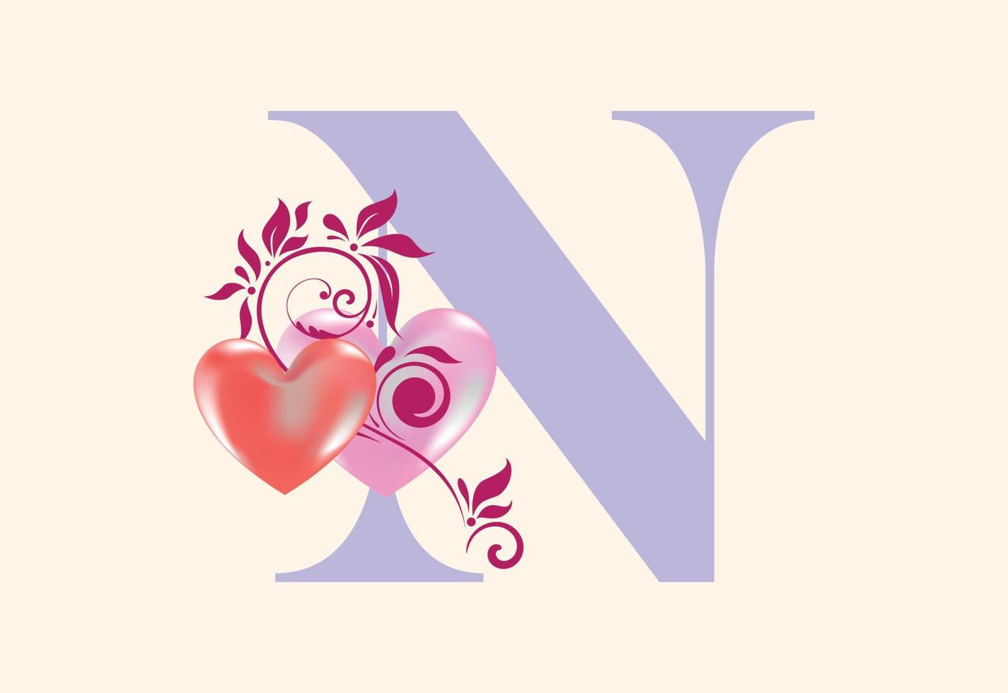 Floral N monogram letter with heart sign. Initial alphabet with botanical elements. vector