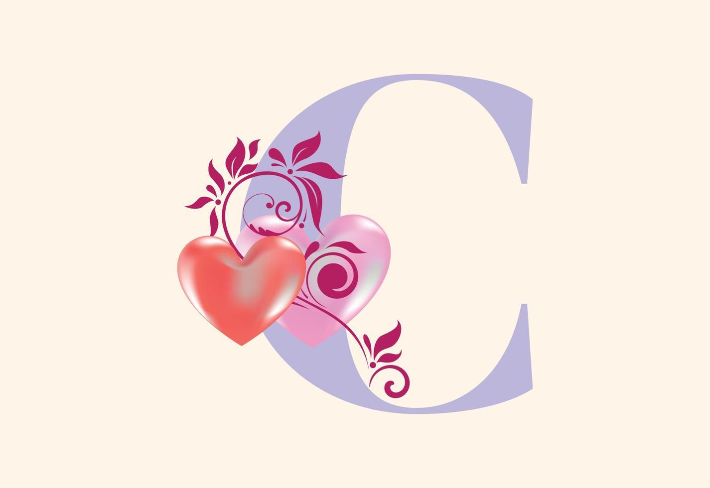 Floral C monogram letter with heart sign. Initial alphabet with botanical elements. vector