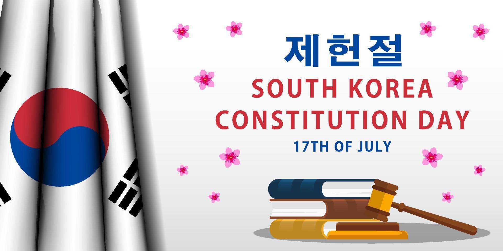 ilustración de fondo del día de la constitución de corea del sur con libros, martillo de corte y bandera realista vector