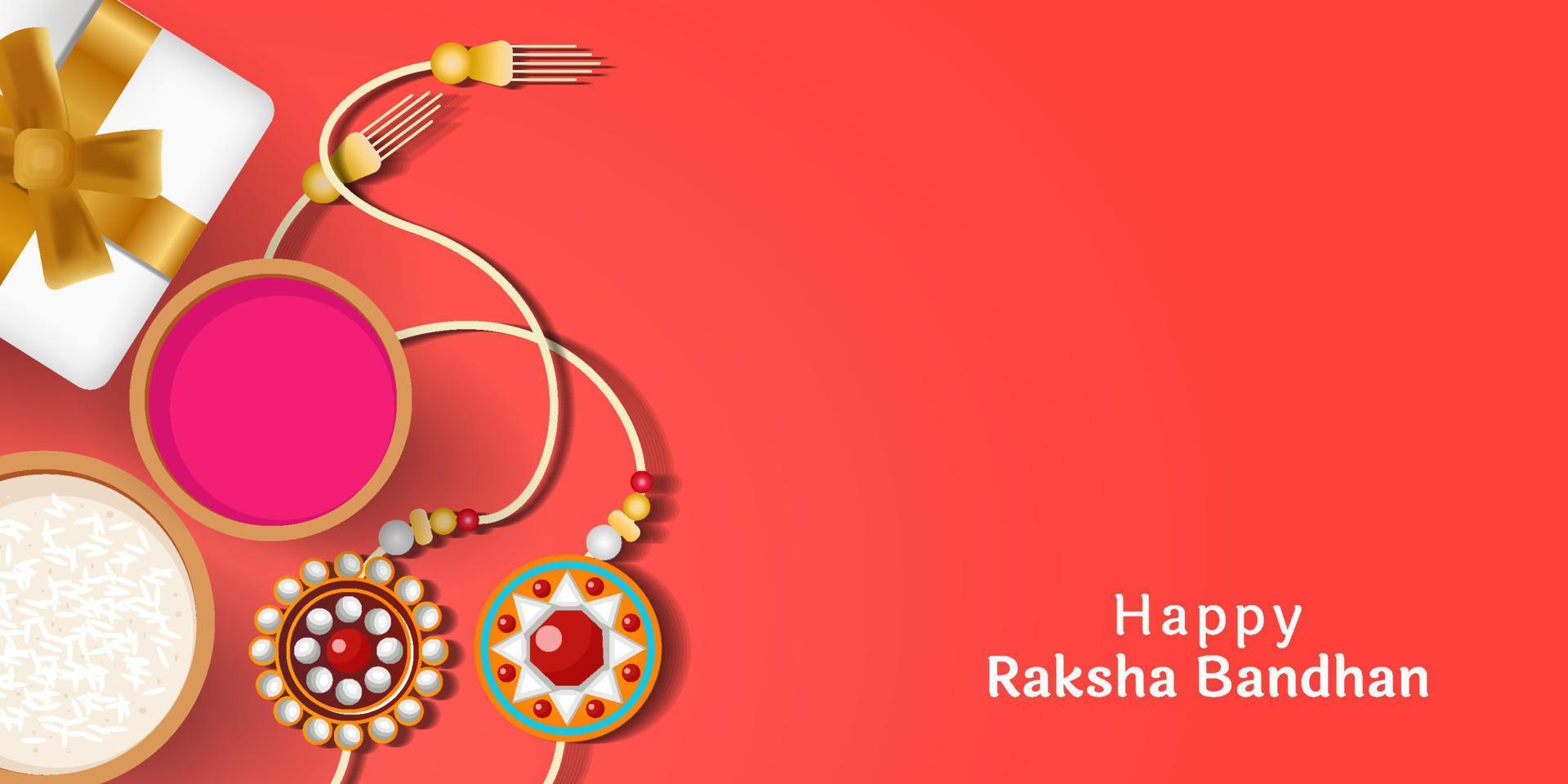 raksha bandhan indian festival background illustration with beautiful rakhi, rice, and gift box vector