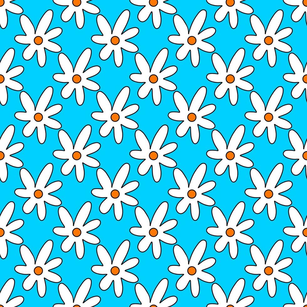 1970 flowers pattern. White daisies on a blue background. 1970 daisy. 1970 vibe vector