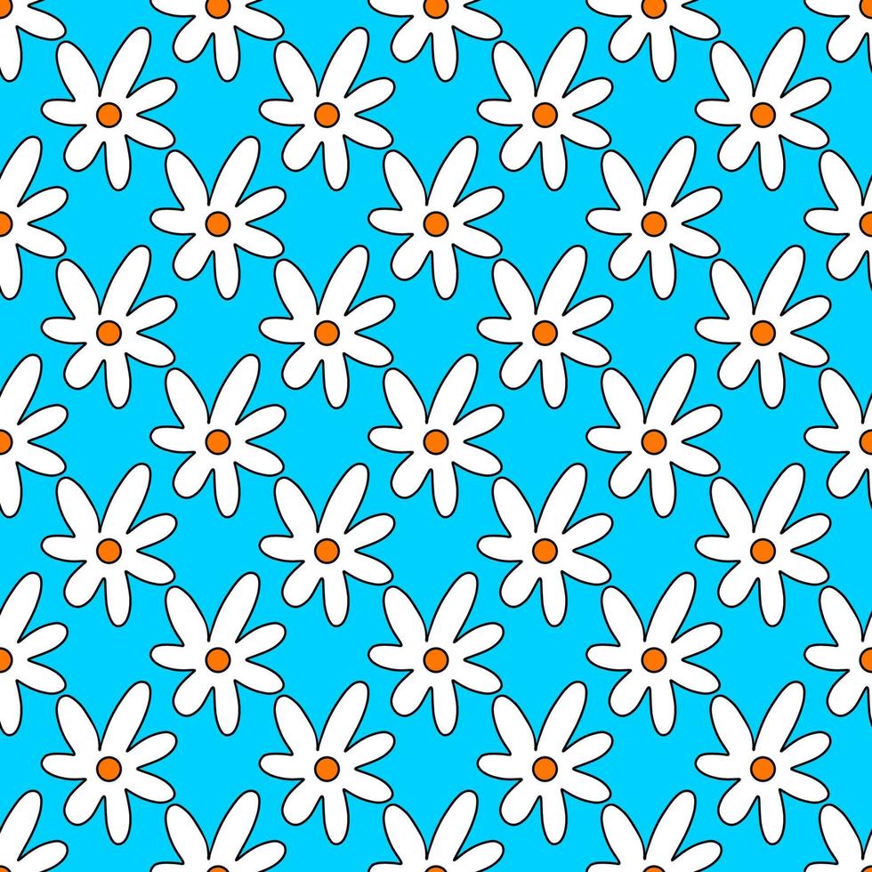 1970 flowers pattern. White daisies on a blue background. 1970 daisy. 1970 vibe vector