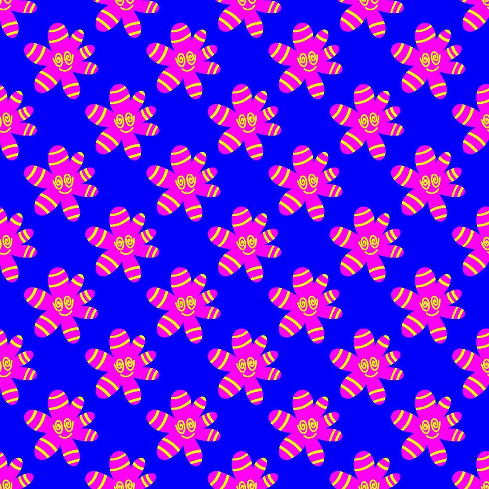 Acid rave smile pattern. Modern cartoon illustration with black acid smile on colorful background. 1970 flowers pattern vector