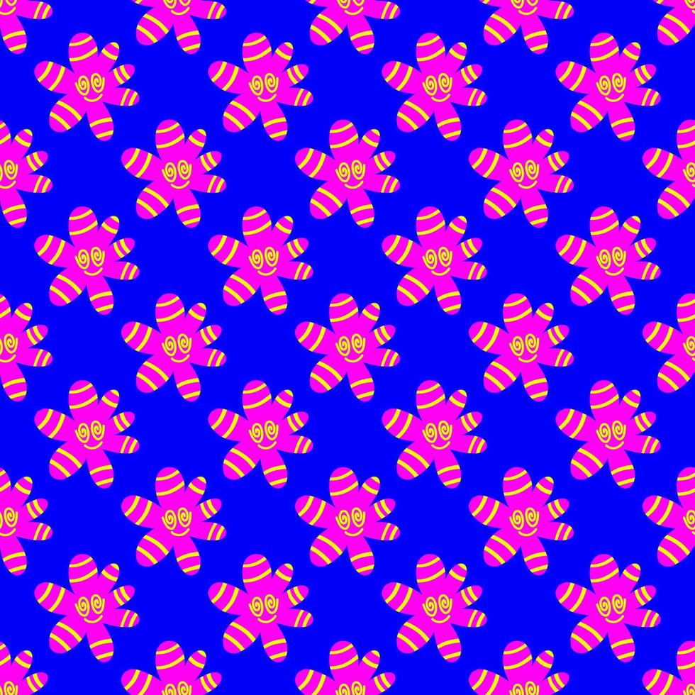 Acid rave smile pattern. Modern cartoon illustration with black acid smile on colorful background. 1970 flowers pattern vector