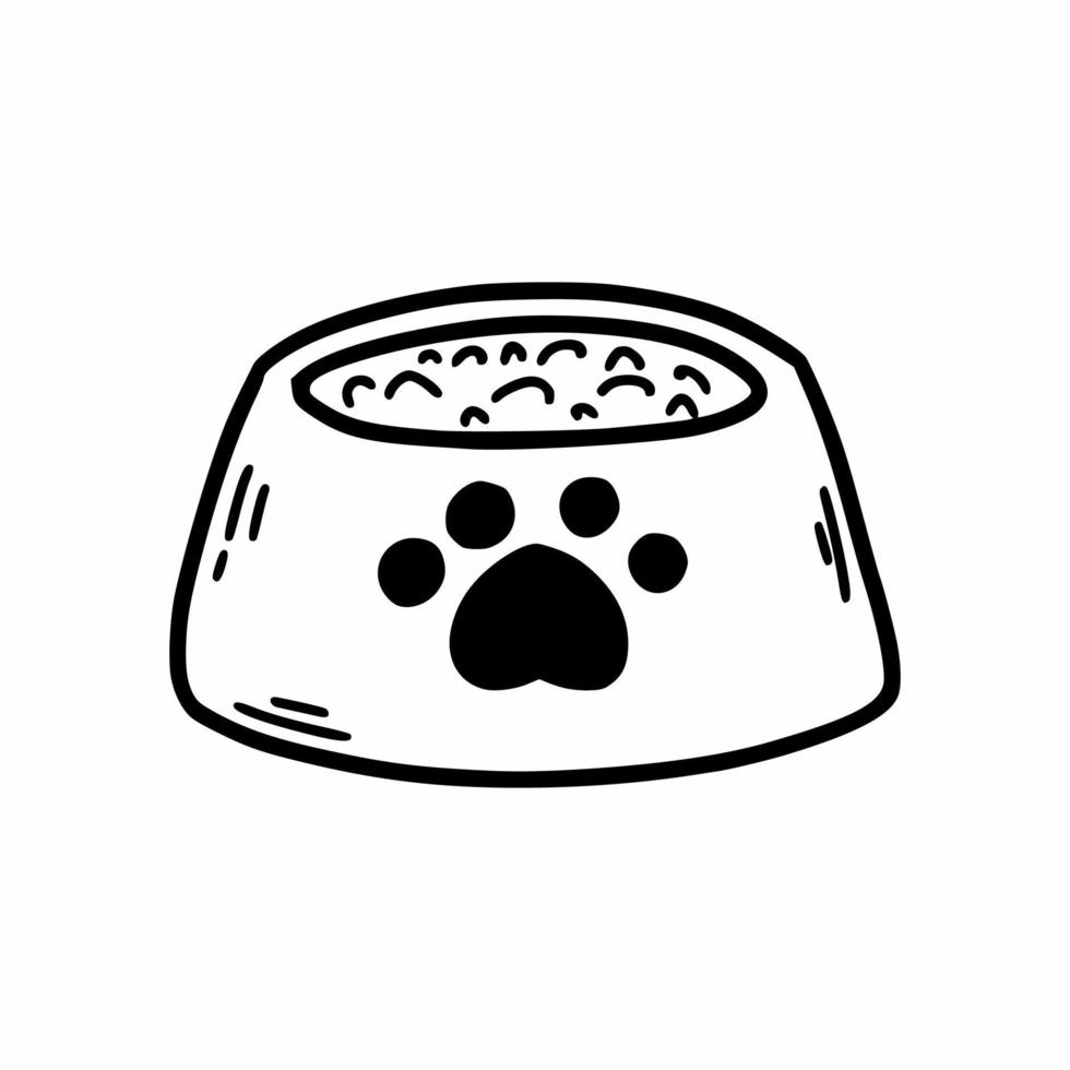 Bowl of dog or cat food. Vector doodle illustration. Cute icon.