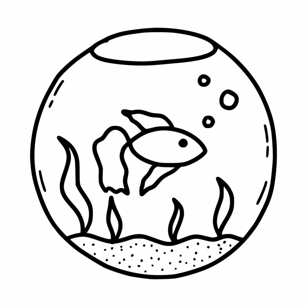 Round aquarium with goldfish. Coloring book for kids. Fish. Vector doodle illustration.