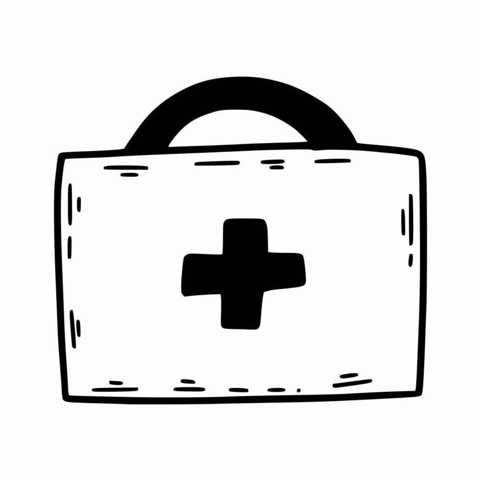 First aid kit with medicines. Vector doodle illustration.