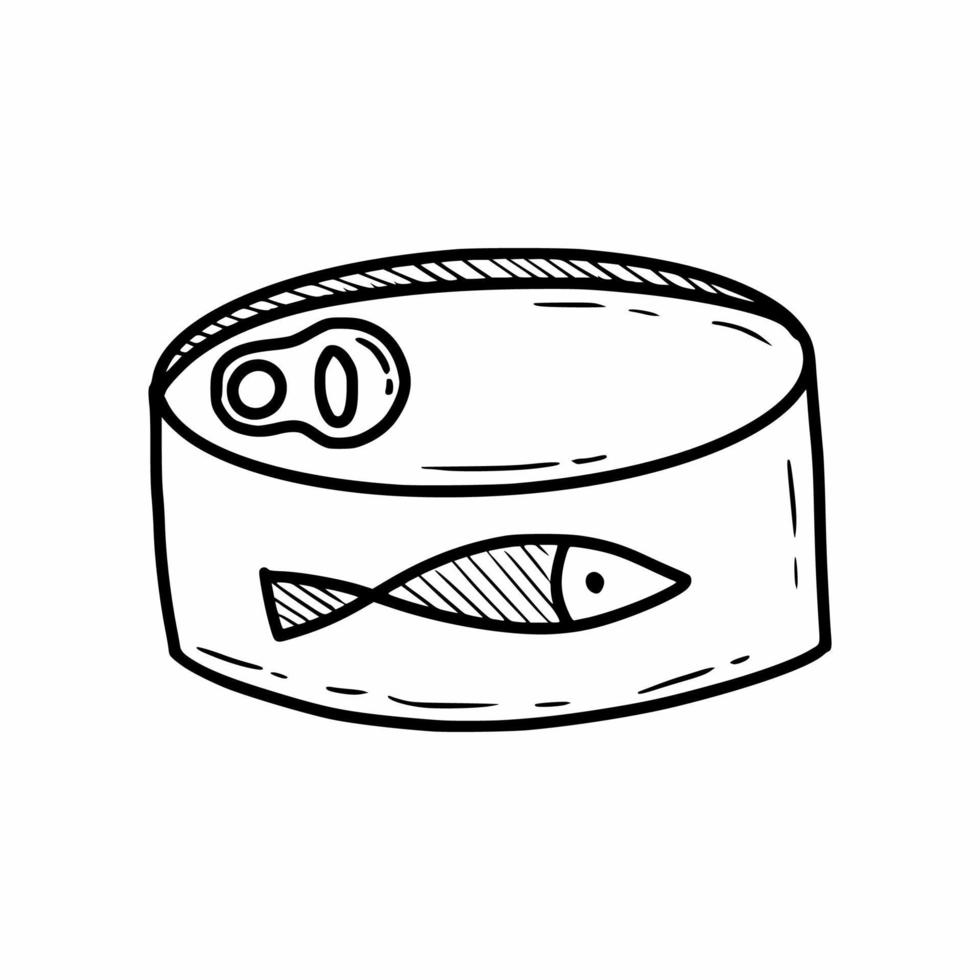 Tin can with fish. Vector doodle illustration. Sketch.