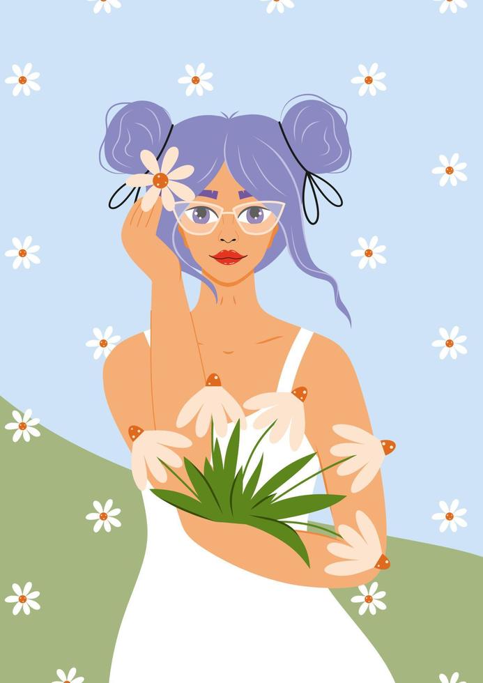 Beautiful girl with purple hair holds bouquet of daisies in her hands. Woman with glasses. Interior poster. Summer flower illustration. vector