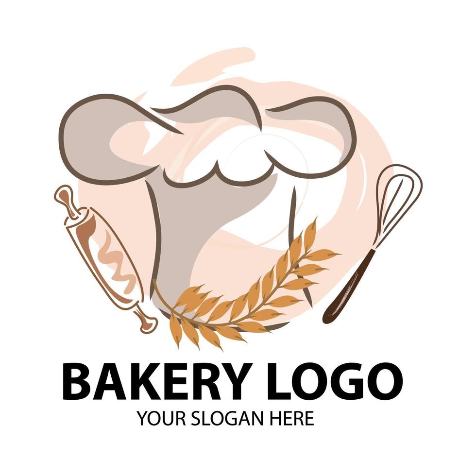 Bakery logo with toque accessories, rolling pin and spatula for making bread vector