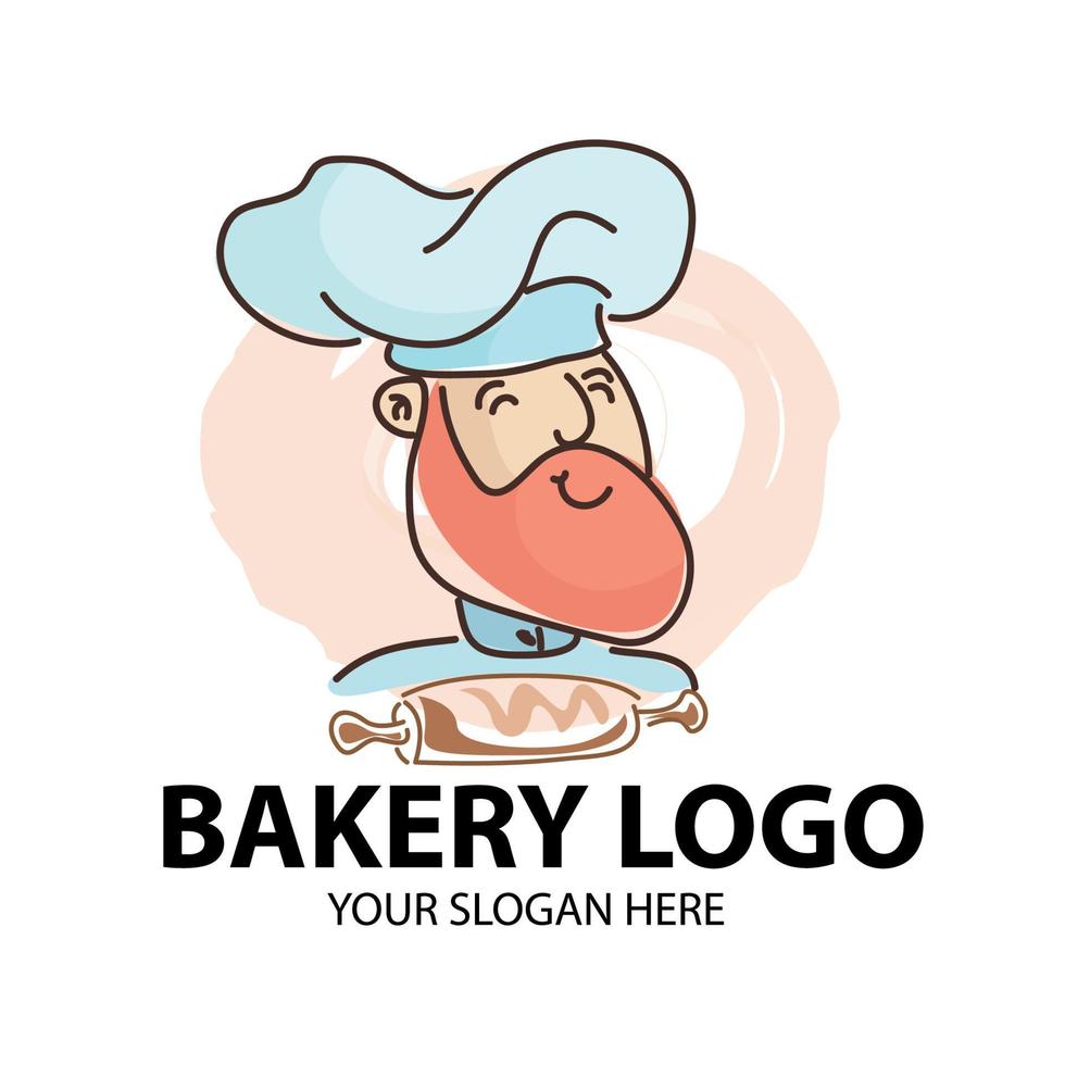 logotipo de panadería. ilustración vectorial del jefe de cocina con bigote y barba en vestido azul con panecillo. logotipo del jefe de cocina. vector