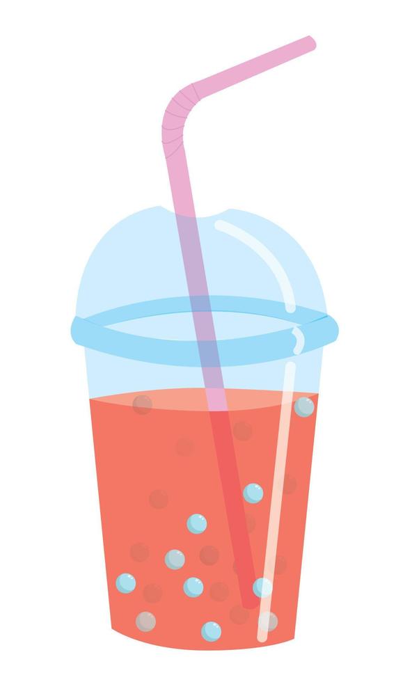 Pink carbonated drink in a plastic disposable glass with a straw. Vector stock illustration.