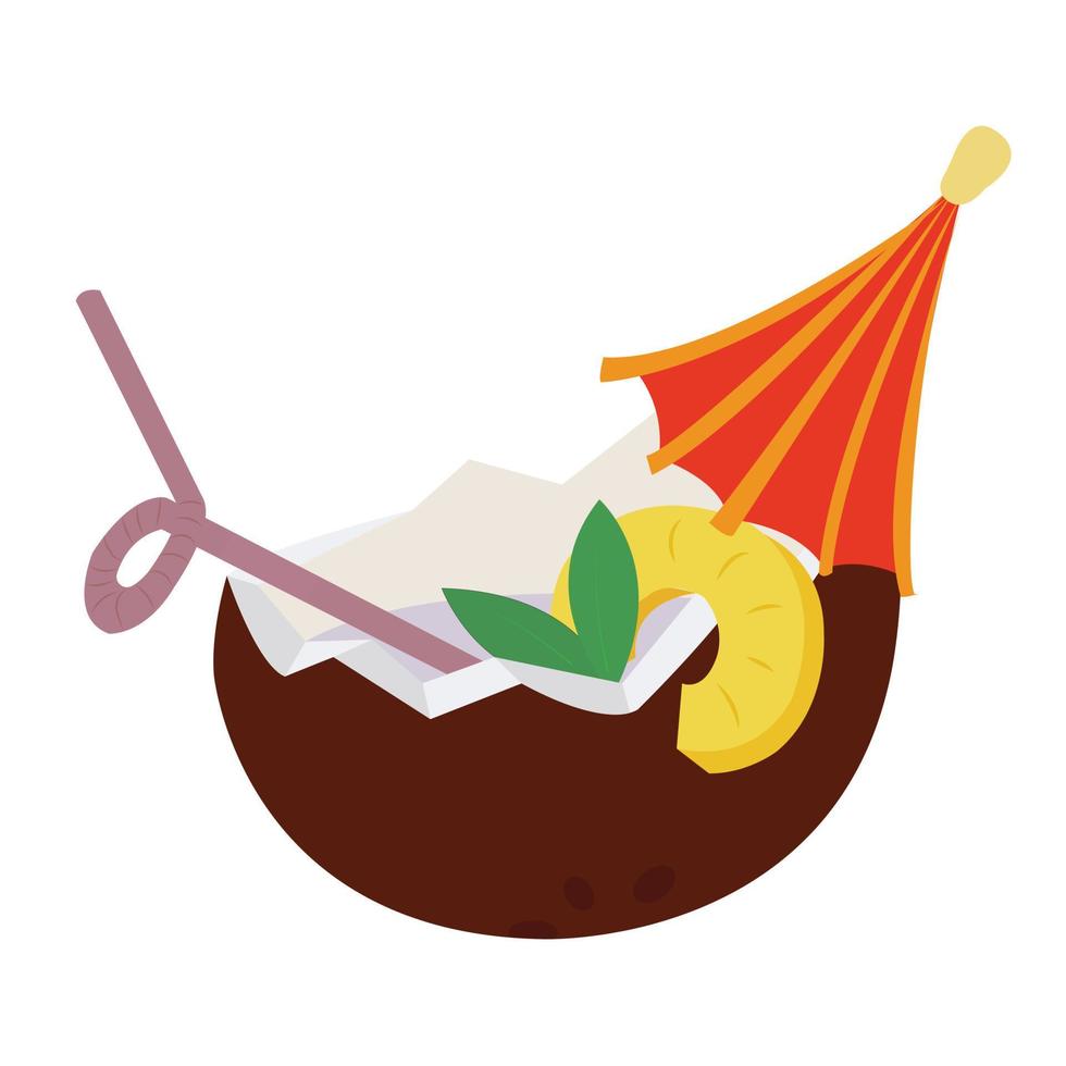 Drink. Coconut cocktail with paper umbrella and plastic straw, decorated with pineapple ring. Vector stock illustration.