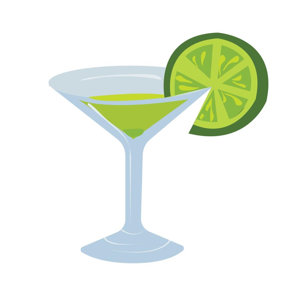 An alcoholic drink martini with lime juice, garnished with a lime wedge in a glass goblet. Vector stock illustration isolated on white background.