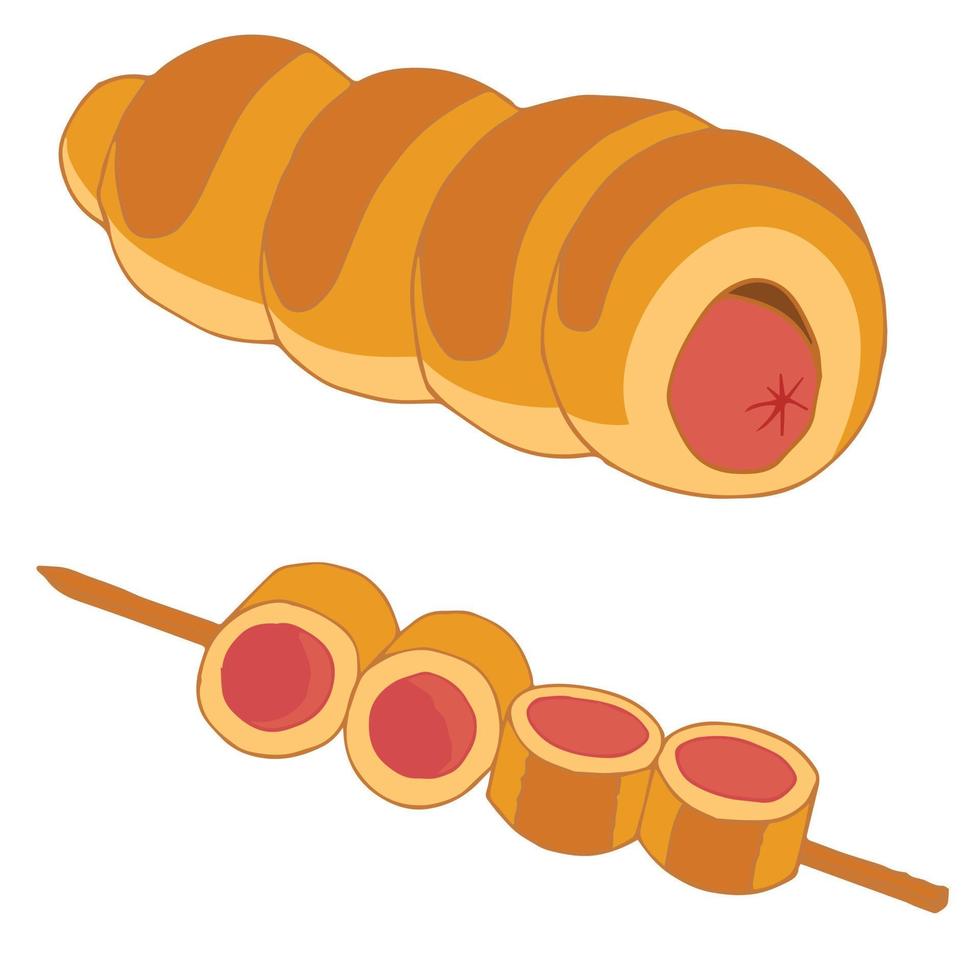 Sausage in dough classic, sausage in dough on a skewer. Vector stock illustration isolated on white background in cartoon style.