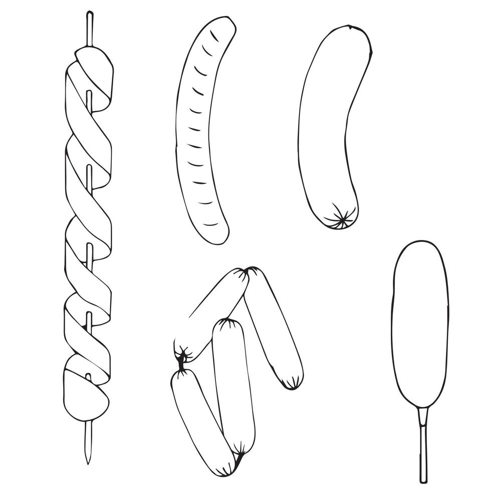 A set of boiled, fried, baked, barbecued sausages, on a skewer, on a stick in doodle style. Vector stock illustration isolated on white background.