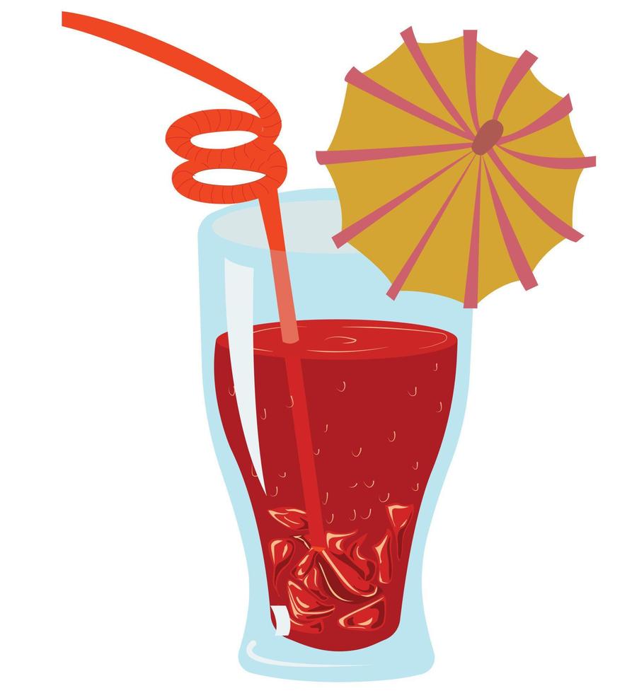 Glass tumbler with red goose drink, cocktail straw and umbrella.  Vector stock illustration isolated on white background.