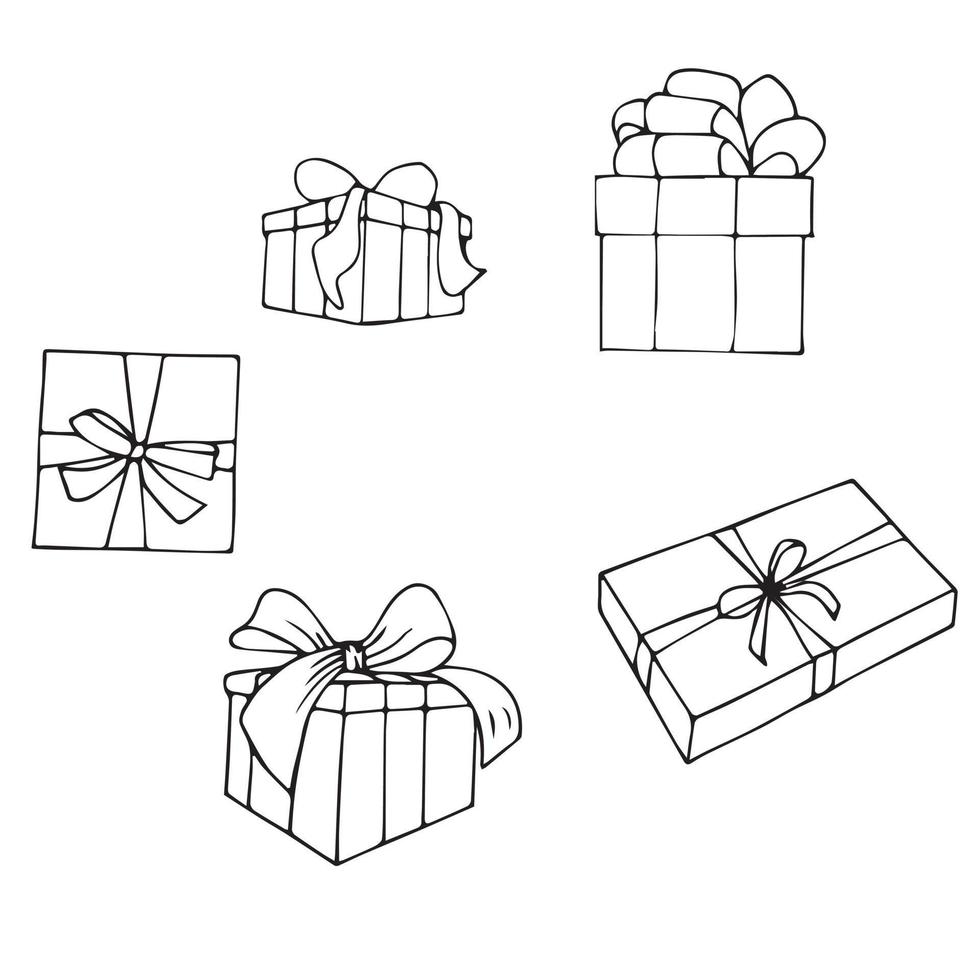 un conjunto de cajas de regalo con lazos, representados desde diferentes ángulos. ilustración de stock vectorial en estilo garabato aislado sobre fondo blanco. vector