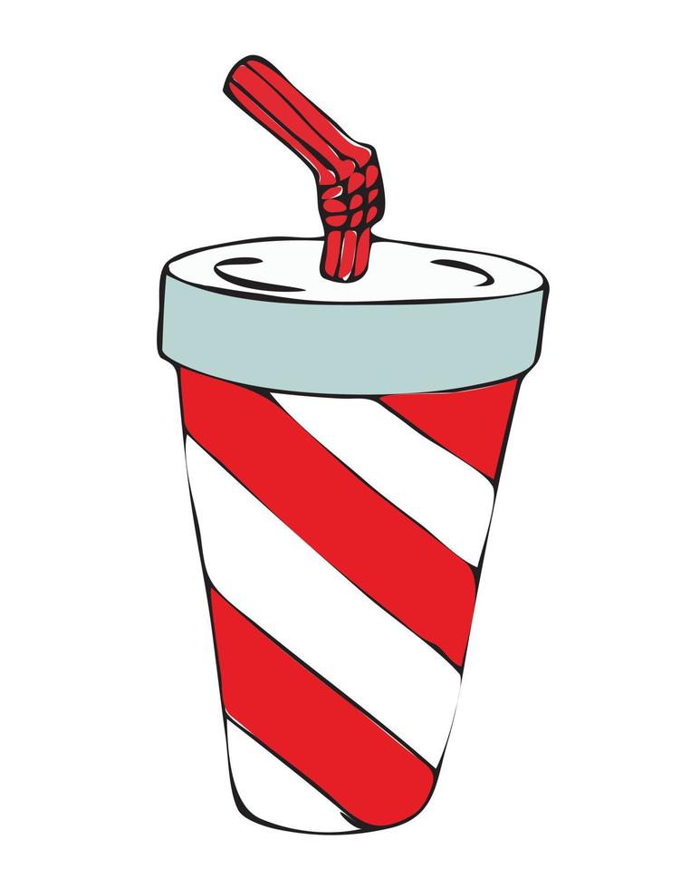 Drink in a disposable paper cup with a paste lid and a cocktail straw. The glass is painted with a diagonal red and white stripe. Vector stock illustration.