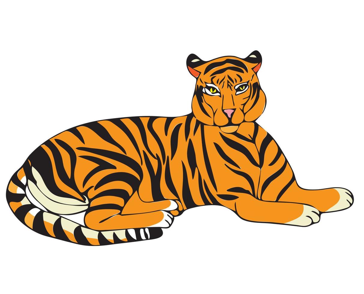 Lying tiger resting after hunting. Big wild tabby cat. Jungle dweller. Vector stock illustration isolated on white background.