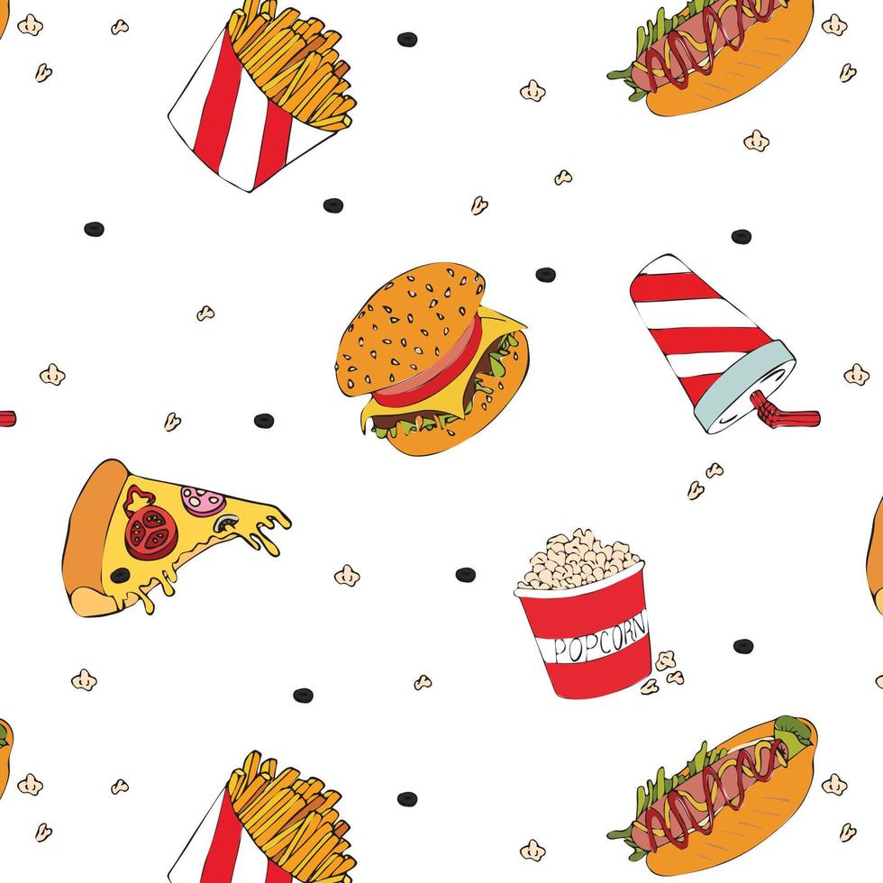 comida callejera, pizza de patrón de comida rápida de estilo de dibujos animados, papas fritas, hamburguesa, palomitas de maíz, bebida, hot dog. ilustración de stock vectorial aislada sobre fondo blanco. vector
