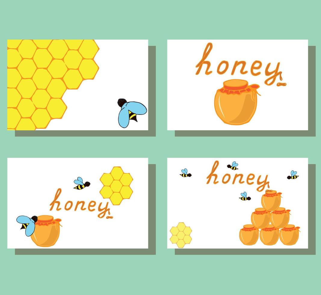 un conjunto de tarjetas de regalo, folletos, tarjetas de visita, pancartas, carteles, sobre el tema de la miel, dedicado al día internacional de las abejas. ilustración de stock vectorial. vector
