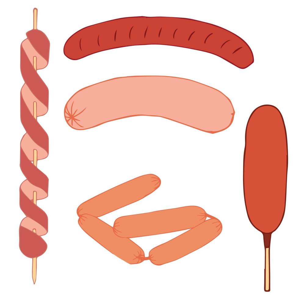 A set of boiled, fried, baked, barbecue, Bavarian sausages on a skewer in a cartoon style. Vector stock illustration isolated on white background.