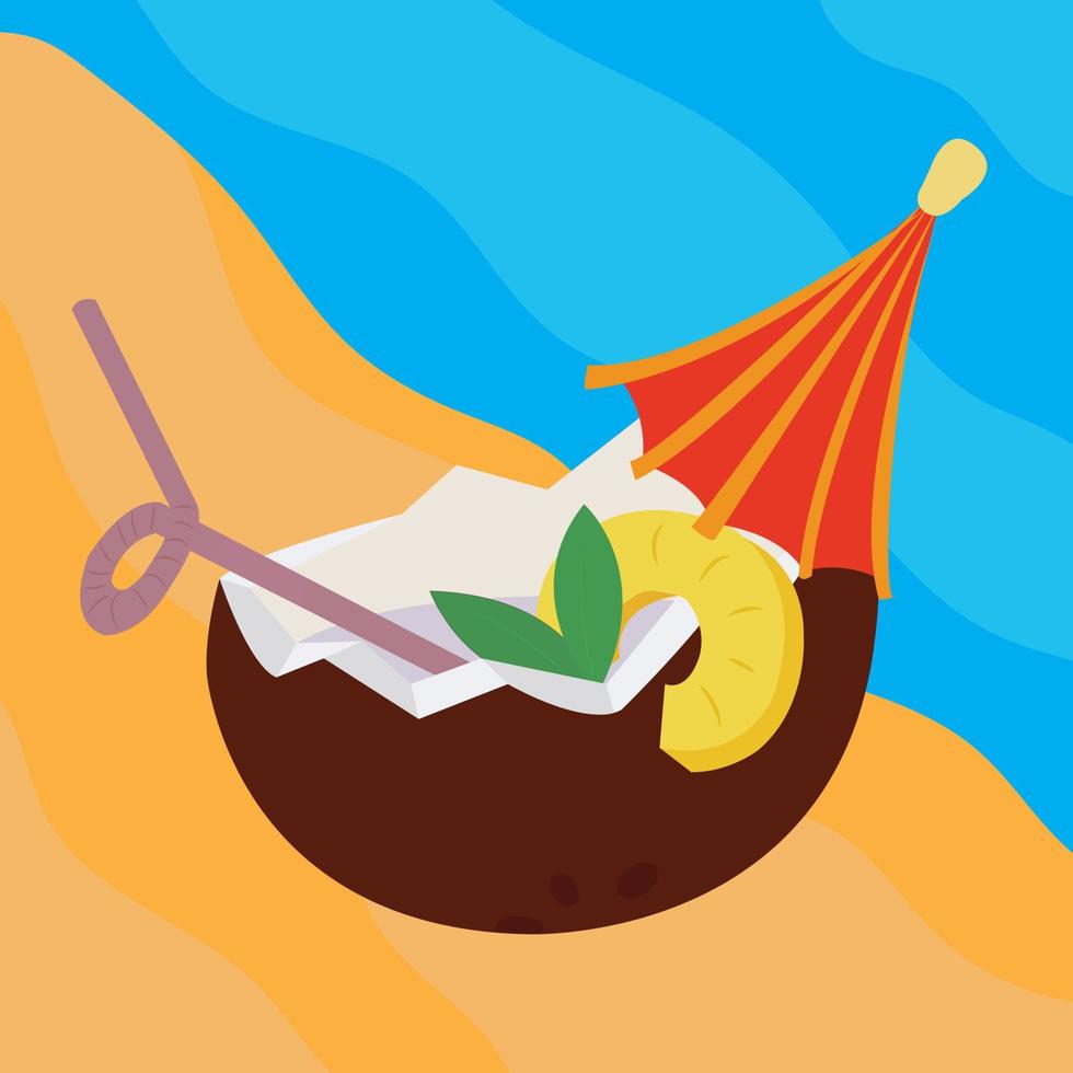 cóctel de coco en la playa. ilustración de stock vectorial. vector